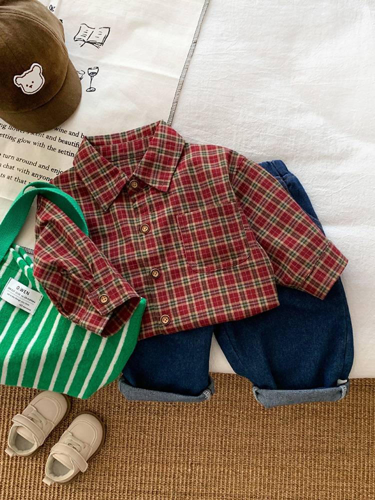 2024 primavera y otoño camisa de niños a cuadros de color fresco de Corea del Sur para niños y niñas camisa de manga larga a cuadros de algodón neutro