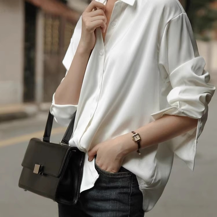 Silk-Like Satin Shirt for Women with a Unique Design, Drapey Satin Long-Sleeve Shirt, Loose and Versatile Top for Autumn