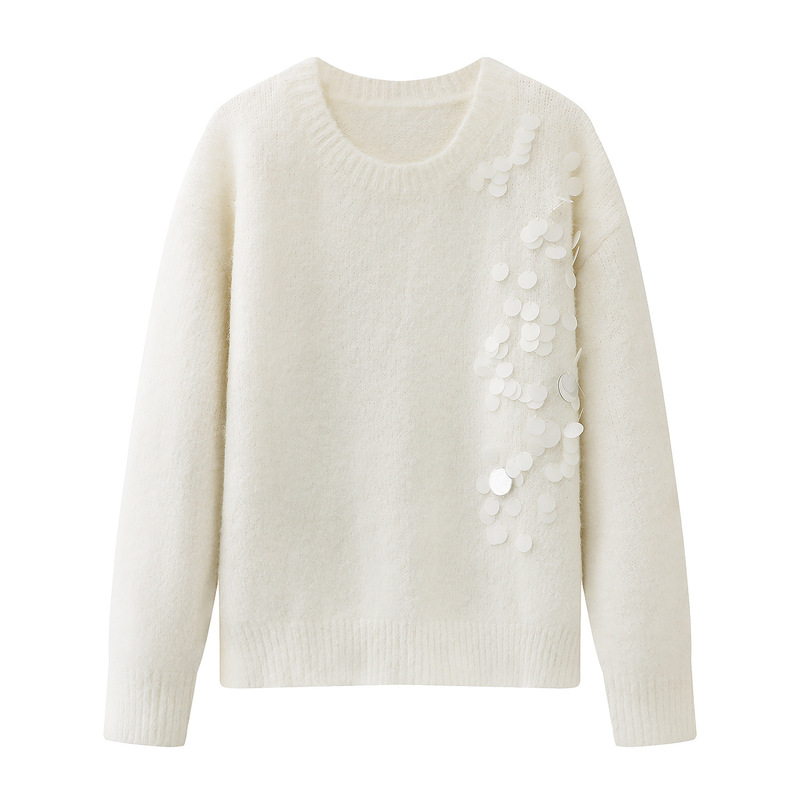 72mm-0046 Sequin Knitwear 2025 Autumn and Winter New Style Gentle Style Round Neck Soft Waxy Pullover Top