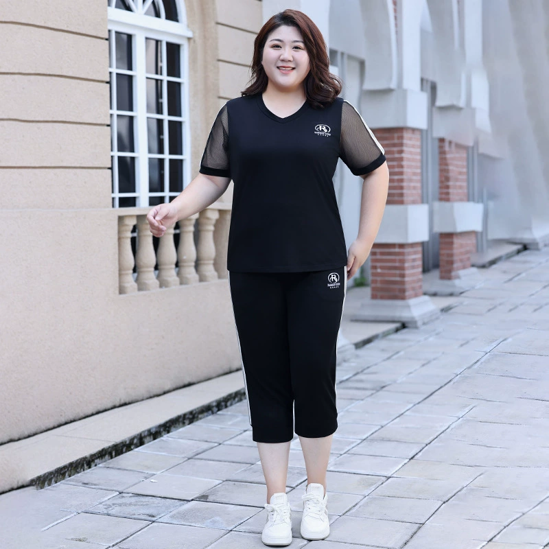 Летний комплект для отдыха, дышащие эластичные брюки, для женщин plus size, с коротким рукавом