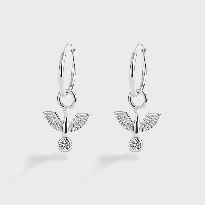 Creative Japanese and Korean S925 Sterling Silver Wings Round Geometric Earrings Niche Personality Fashion Earrings Women's Earrings All-match