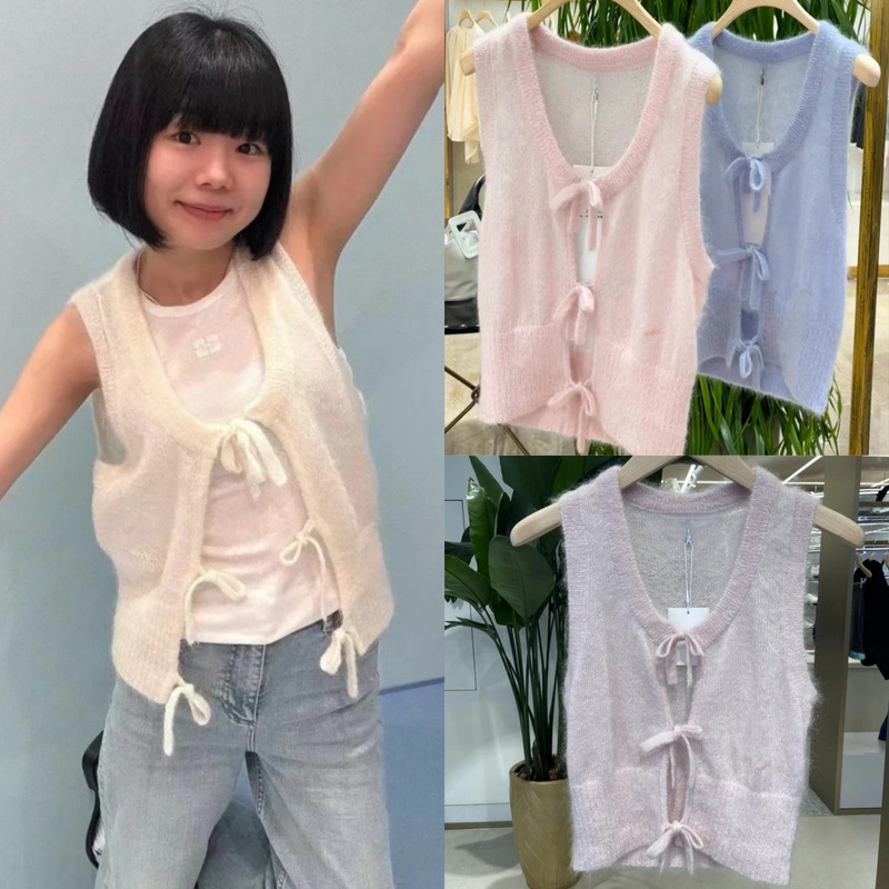 Mohair! Niche Design Embroidered Logo Lace-Up V Neck Wool Blend Knitted Sleeveless Vest