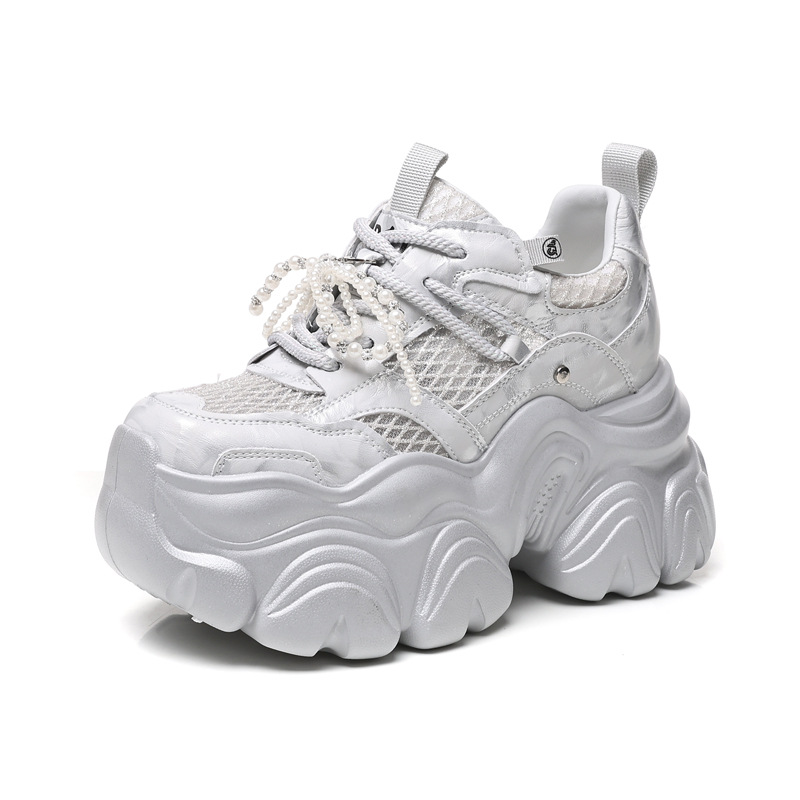 Giày sneaker chunky nữ đế dày tăng chiều cao, lưới thoáng khí, phối ngọc trai — Màu trắng