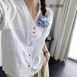 夏季新品 日系森女系复古v领多扣蕾丝百搭显瘦衬衫上衣 女装批发