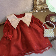 Little Girls' Red Large Collar Bow Dress 2023 Autumn/Winter New Christmas Simple Fashion Fleece Princess Dress