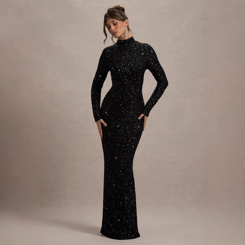 2025 New European and American Amazon Cross-border Foreign Trade Women's High Sense Fashion Long Sleeve Sequin Black dress
