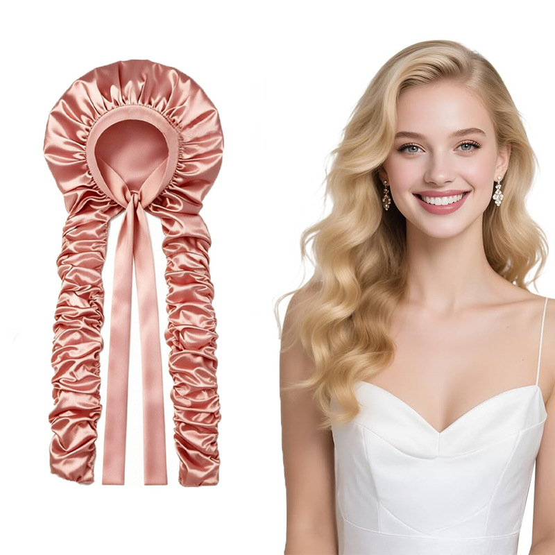 Upgraded cross-border Amazon satin-like sleep cap with adjustable ribbons, pleated long tube, non-heated curling cap Upgraded cross-border Amazon satin-like sleep cap with adjustable ribbons, pleated long tube, non-heated curling cap