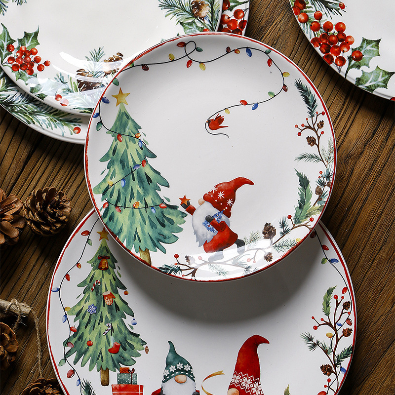 European and American Style Ceramic Dinner Plate Creative Christmas Plate Underglaze Color Flat Plate Round Household Dim Pot Plate Decorative Plate