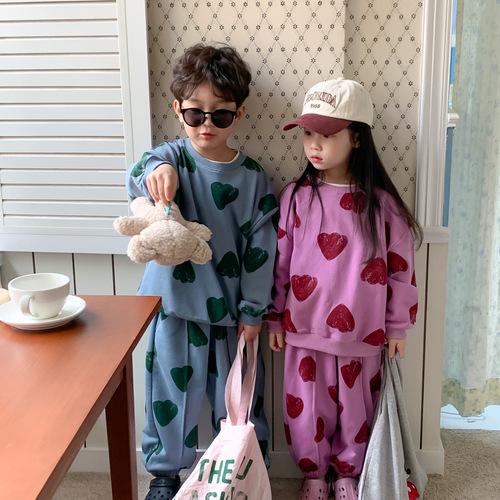 Children's Suit 2024 Spring Korean Style Round Neck Sweatshirt and Pants Two-piece Set for Boys and Girls Children's Love Print Set