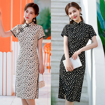 Black with white Polka Dot Qipao Chinese Dresses cheongsam summer young modified cotton and linen dress little girl everyday temperament