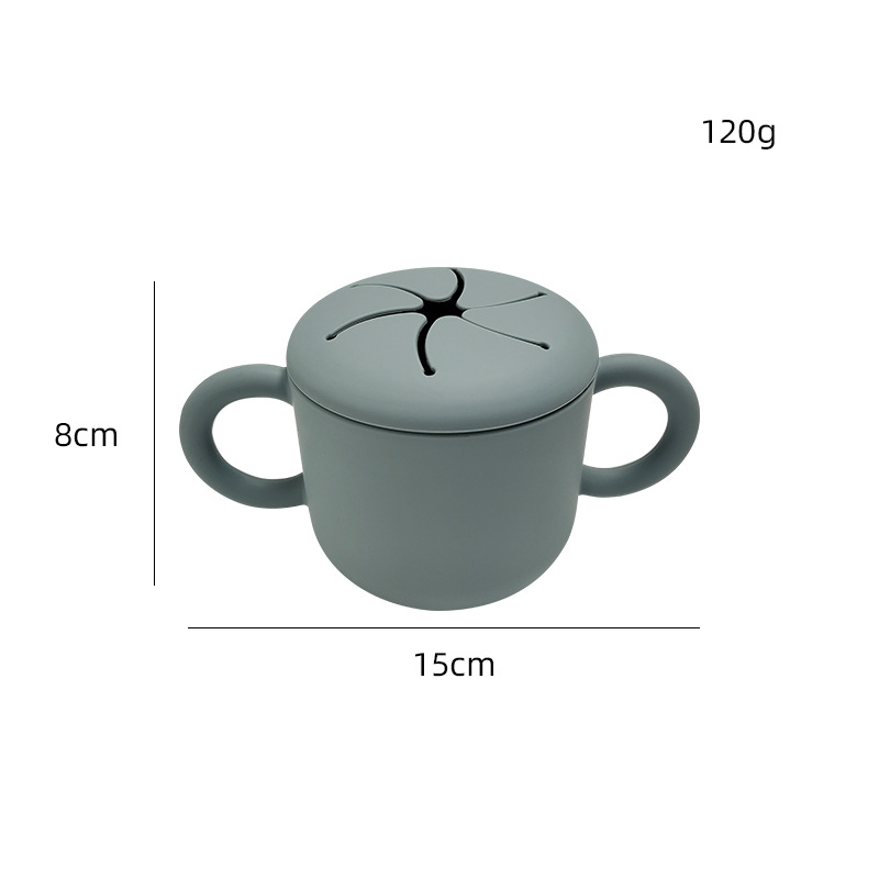 Doble oreja de tipo pétalo abierto de silicona snack taza con mango bebé snack caja creativa beber taza en stock
