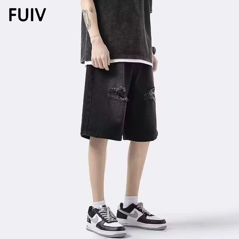FUIV дырочные джинсовые шорты для мужчин летом тонкие американские высокие штаны на улице