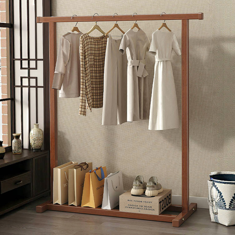 Household Floor-Standing Clothes Rack Multi-Functional Bedroom Room Wooden Clothes Drying Rack New Chinese Style Solid Wood Coat Rack