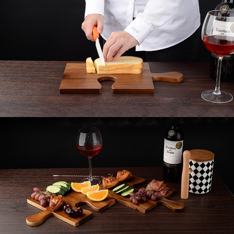 Tabla de cortar de madera rompecabezas creativo con mango bandeja desmontable con soporte de copa de vino plato de fiesta en casa tablero de filete