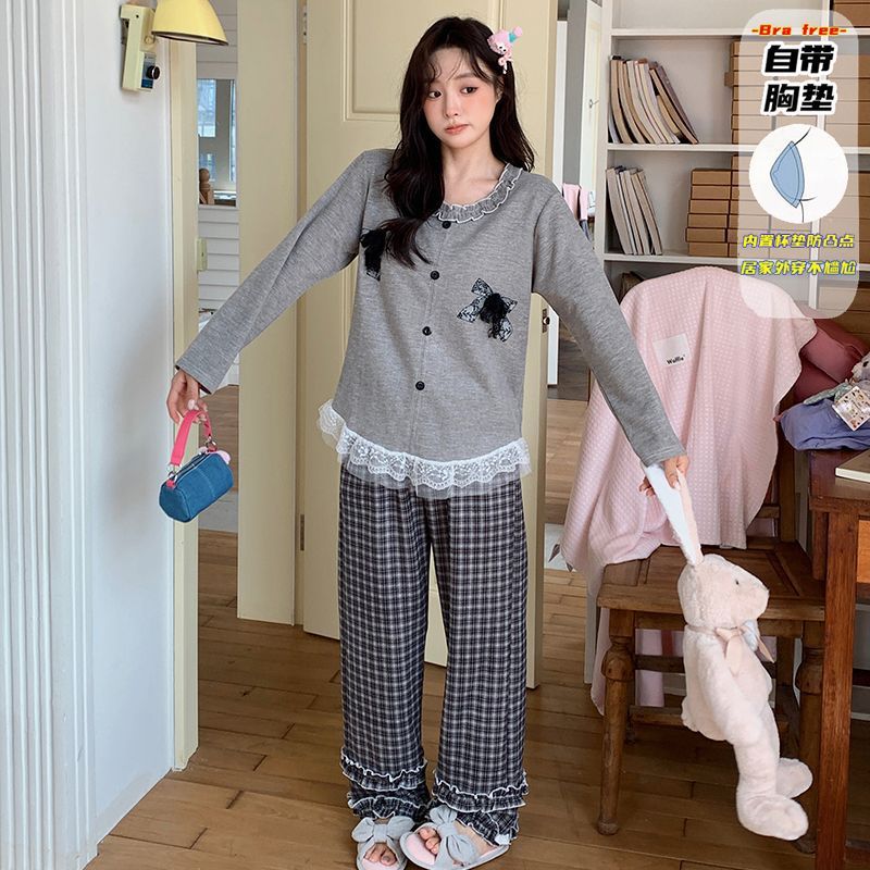 直播睡衣女秋冬新款保暖长袖羊绒蚕丝韩系甜美花边卡通家居服套装|undefined