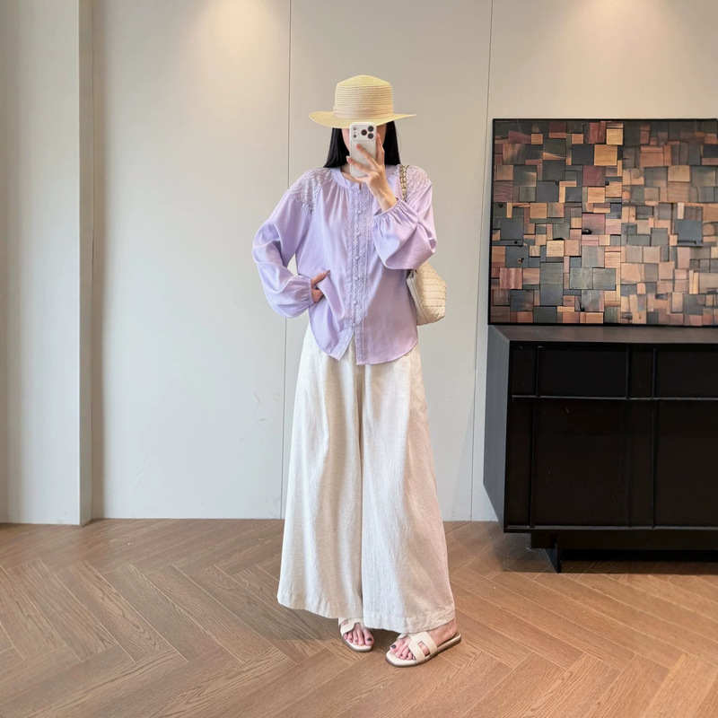 New South French holiday style light purple lace patchwork long-sleeve blouse 0812g07 New South French holiday style light purple lace patchwork long-sleeve blouse 0812g07
