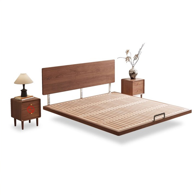 Cama de nogal nórdico de madera maciza pura con cabecera muy delgada, nuevo marco de fila de madera de haya, cama suspendida de apartamento pequeño minimalista moderno