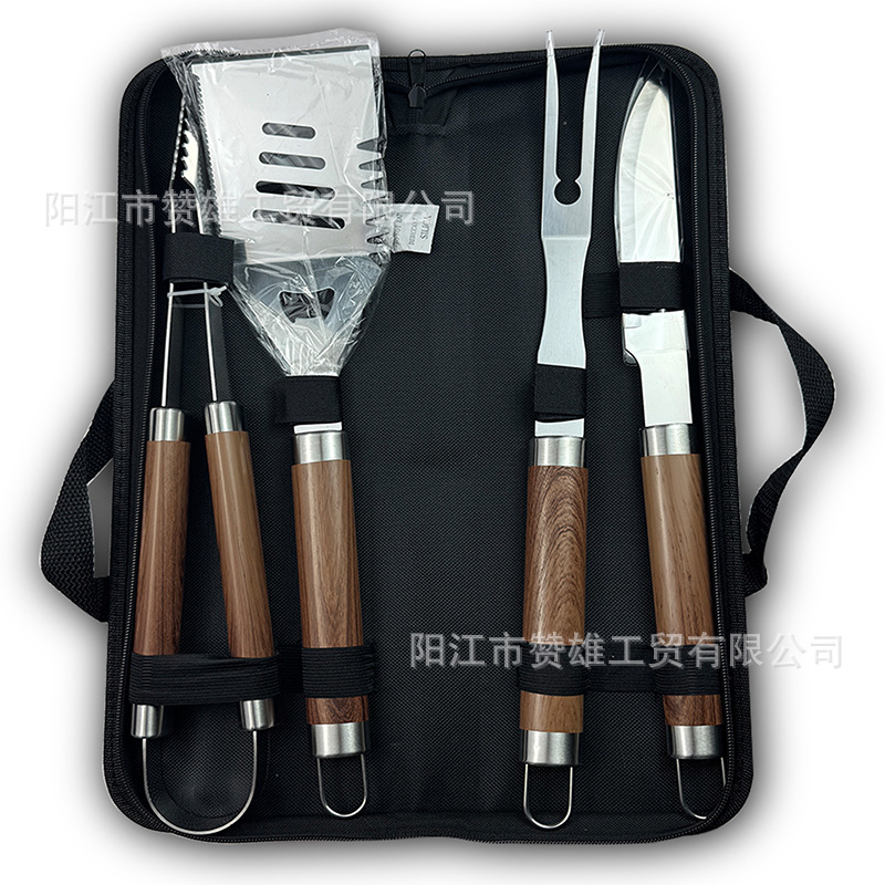 Juego de herramientas de barbacoa de mango de tubo grande de acero inoxidable de grano de madera Combinación de herramientas de barbacoa para exteriores Juego de barbacoa para hornear