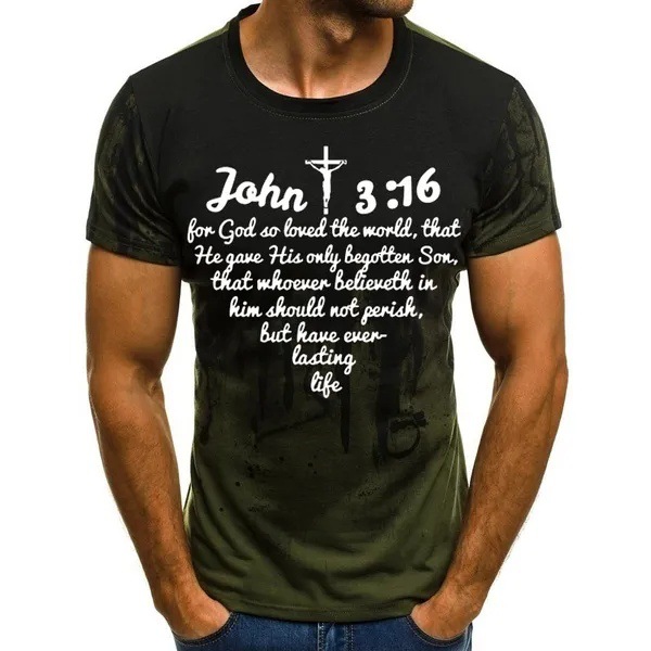 Verano casual suelto cuello redondo manga corta hombro transpirable camiseta de hombre Pascua Jesús gradiente lema 3D impresión