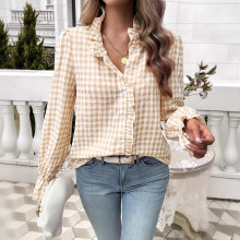 欧美女装外贸亚马逊2025秋季爆款长袖上衣法式木耳边格子衬衫女