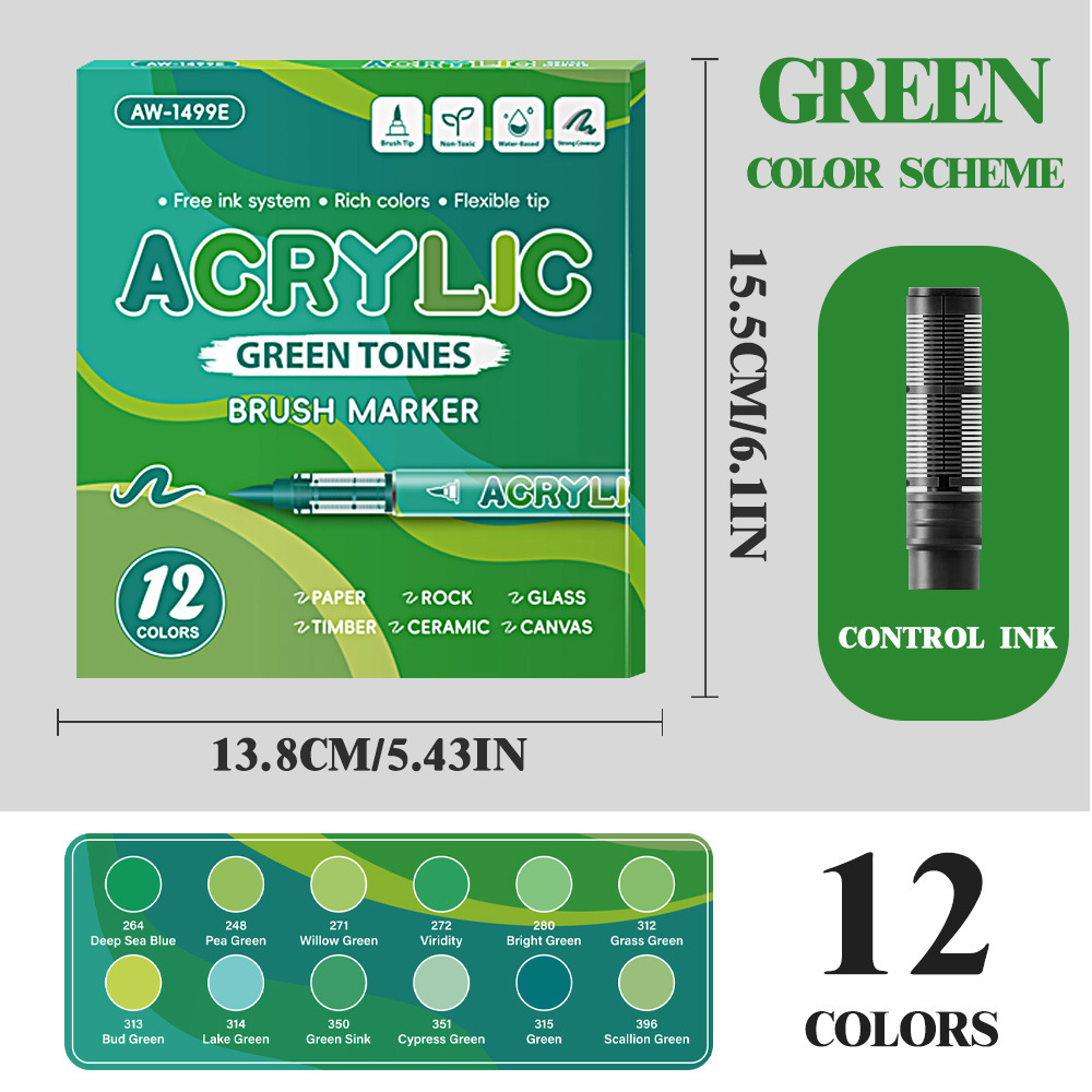 Líquido directo acrílico marcador verde serie de pintura de arte marcador de color impermeable papel plegable marcador