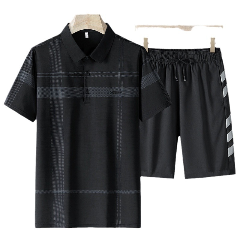 Papa de verano, traje casual de seda de hielo para hombres, camisa polo para hombres, manga corta, manga corta, traje de moda para hombres de mediana edad