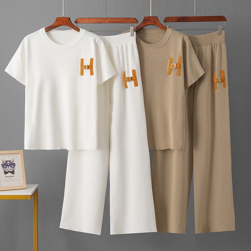 Cross-border Summer New suit Simple Letter Woolen Loose T-shirt Sports Casual Wide-leg Pants Knitted Two-piece Set for Women