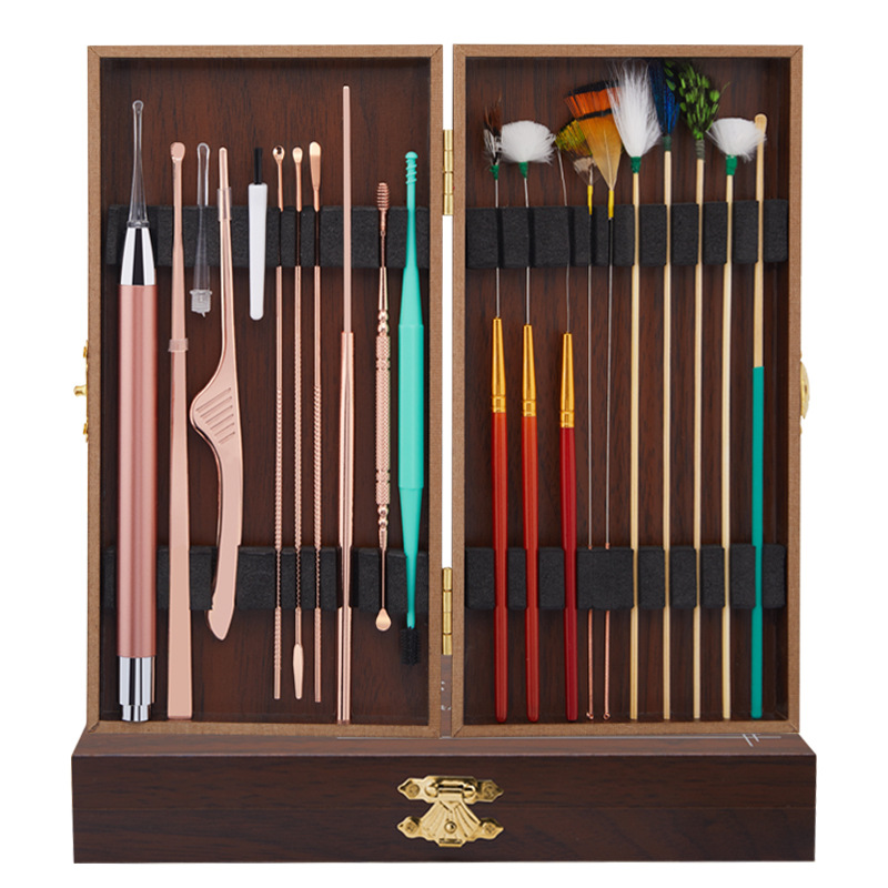 Fábrica en stock oreja recoger limpieza del oído cera limpieza pluma de ganso palo oreja recogiendo el color del pelo caja de madera oreja recogiendo herramienta traje