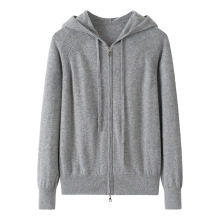 风帽12针平纹马鞍肩双头拉链休闲毛衣亲肤帽领女式纯色山羊绒开衫