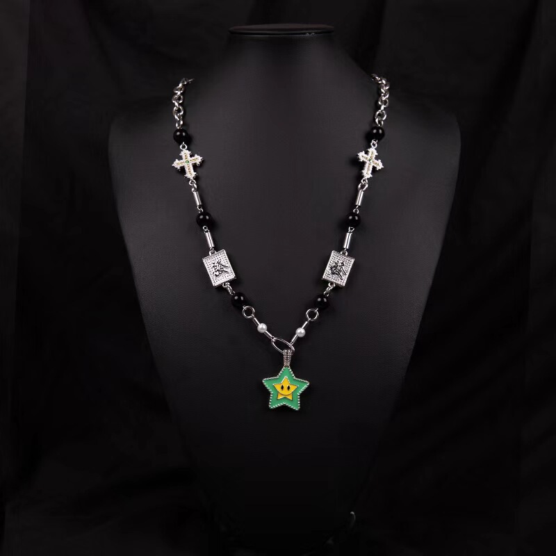 Cross-border New National Tide Diamond-encrusted Cross Lucky Star Smiley Necklace Hip-hop Street Rap Mahjong Rich Men and Women