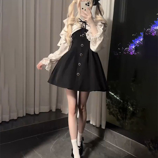Japanese Sweet Elegant Ruffled Girl Design Lace Splicing Faux Two-Piece High-Waisted Long-Sleeve Dress
