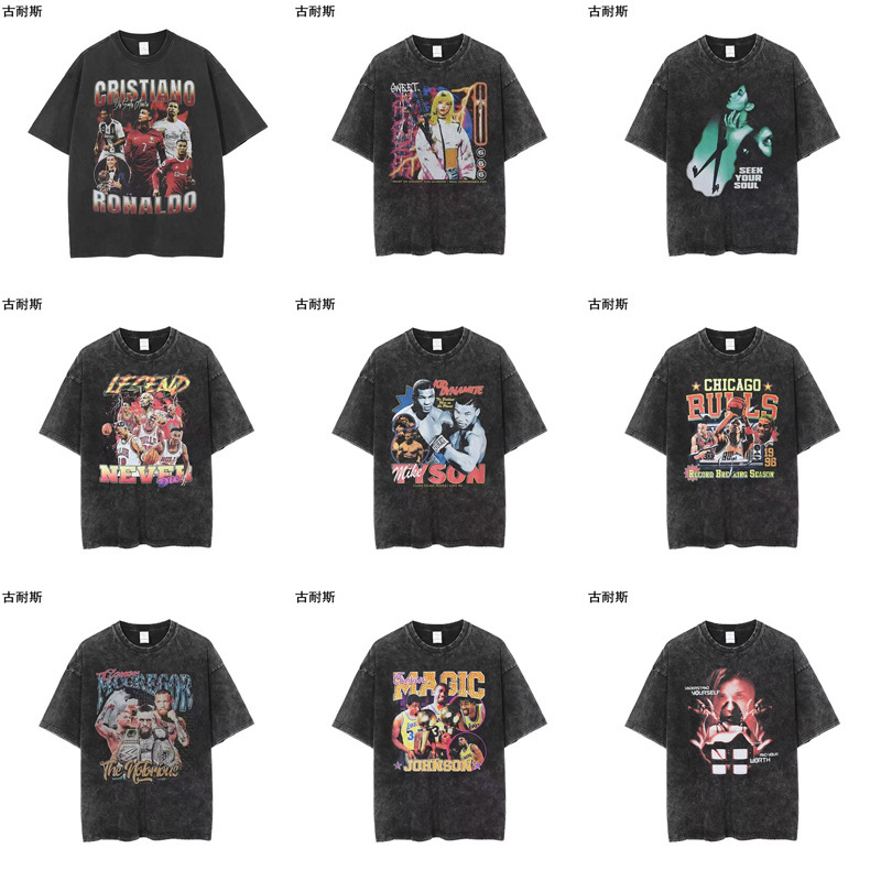 跨境批发潮牌美式洗水做旧纯棉印花男宽松短袖高街复古潮流T恤