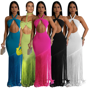 20156 Amazon European and American Women's Summer Explosions Dress Tassel Splicing Strapless Bandage dress New