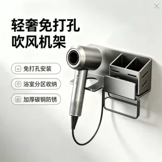 全铝免打孔吹风机架浴室壁挂收纳架带储物盒电吹风置物架免打孔