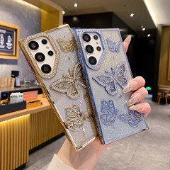 フラッシュダイヤモンド立体蝶サムスン S25UItra 電気メッキ携帯電話ケース S24 グラデーショングリッター A26 オールインクルーシブシース