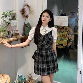 拼接撞色格子泡泡袖polo领纽扣连衣裙女夏季学院风小众A字短裙子