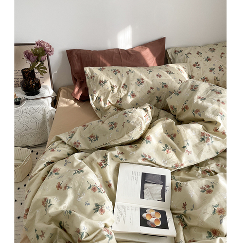 Retro cream flower ins small floral cotton bed sheet four-piece set princess style 100 pure cotton quilt cover bed sheet four-piece set