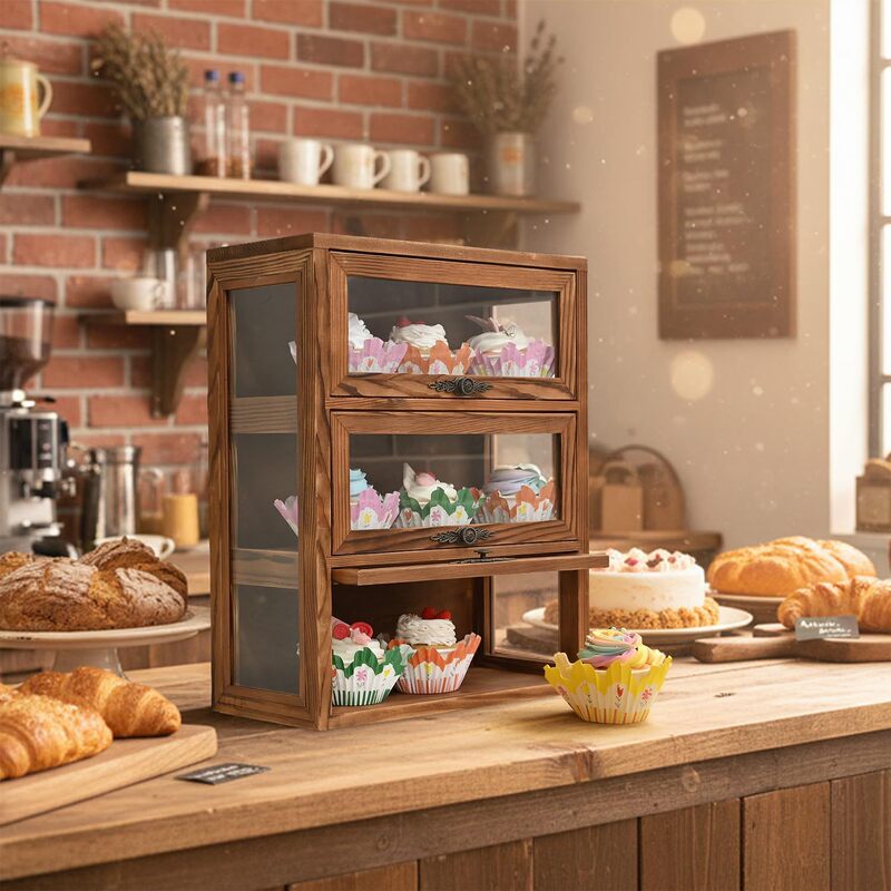 Wooden three-layer glass display cabinet, desktop storage box for glasses, cups, and pastries, antique collection box, wholesale Wooden three-layer glass display cabinet, desktop storage box for glasses, cups, and pastries, antique collection box, wholesale