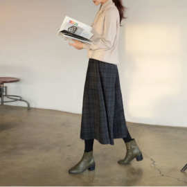 2025秋冬季新款格子呢子阔腿裤女宽松松紧腰毛呢裤子显瘦羊毛裙裤