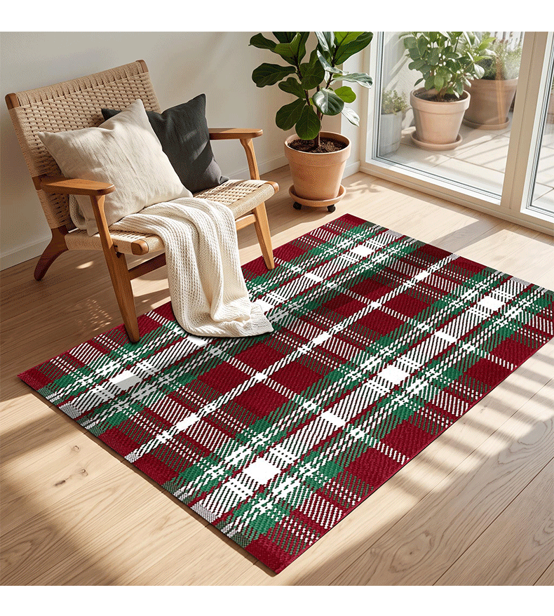 Imitation coconut palm floor mat set, color-woven plaid cotton kitchen absorbent doormat, Christmas style entrance mat for scraping off dirt