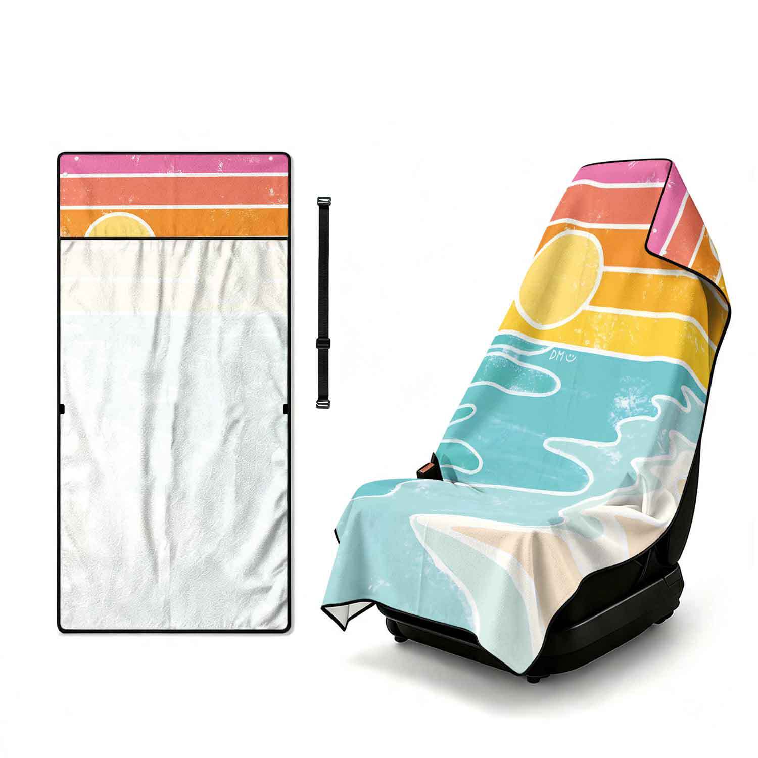 Printed bath towel and car seat cover 2-in-1, ultra-fine fiber outdoor beach and car dual-use universal seat cushion