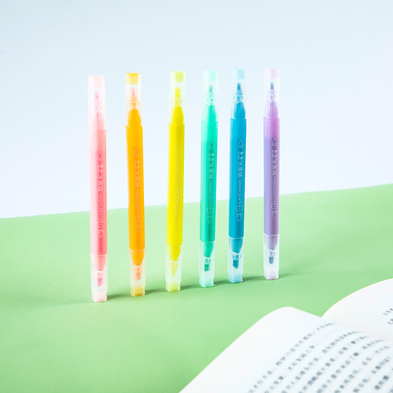 607-6 color resaltador de doble cabeza de protección para los ojos resaltador de sabor de frutas marcador de corrección de marcado de la pluma del estudiante