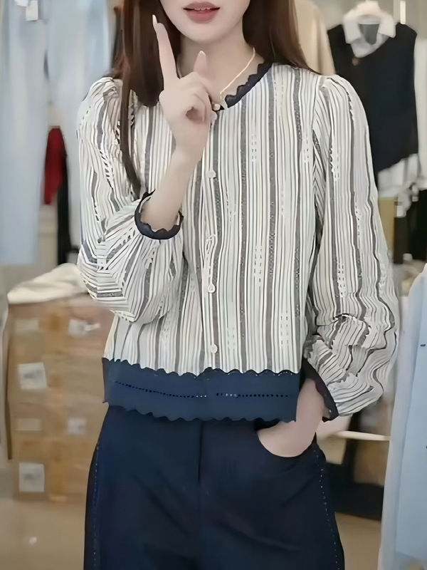 2025秋季新款女巨好看短款小衫蕾丝花边长袖衬衫法式小众条纹上衣|undefined