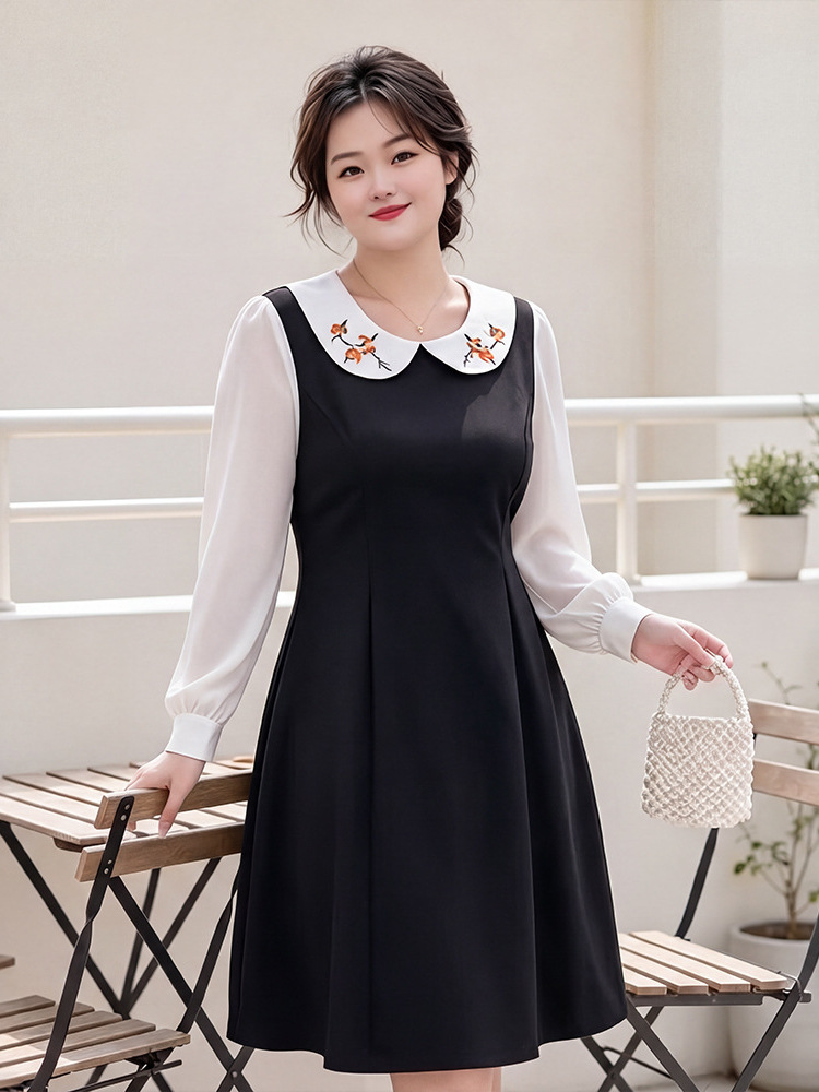 60-150kg Plus Size Women's College Style Dress for Spring and Autumn, Loose and Stylish Long-Sleeve Midi Dress for Slightly Plump Women