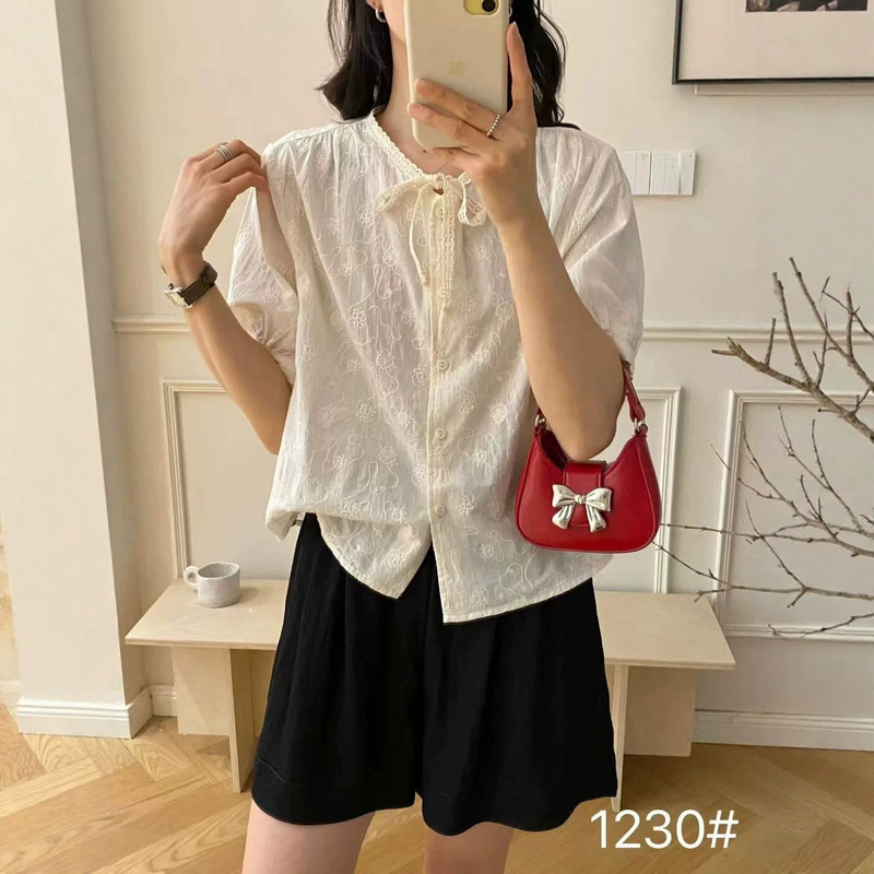 French-Style Embroidered Short-Sleeve Shirt 2026 Japanese Mori Girl Style Lace Tie Collar Youthful Versatile Loose Top for Women French-Style Embroidered Short-Sleeve Shirt 2026 Japanese Mori Girl Style Lace Tie Collar Youthful Versatile Loose Top for Women