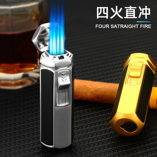 HL1003 powerful four-fire direct blue flame inflatable lighter men's metal cigar windproof gas lighter