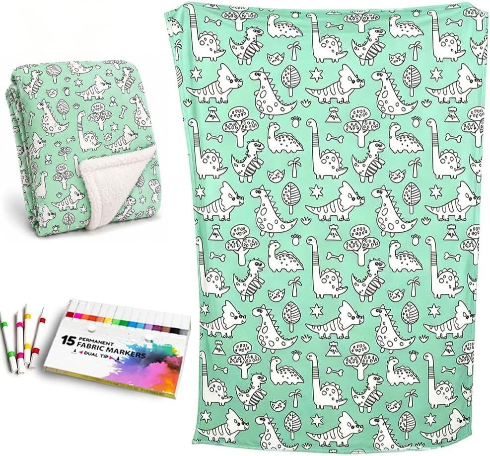 Green Dinosaurs DIY Coloring Blanket Set - Soft Sherpa Fleece