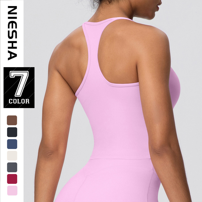 Cross-Border Solid Color Spaghetti Straps, I-Shaped Beautiful Back Yoga Vest with Chest Pad, Casual Tight-Fitting Sports Quick-Drying Fitness Top