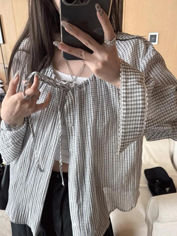 覆古格子衬衫外套女2025春秋设计款领口抽绳袖口蕾丝防晒格纹开衫|undefined