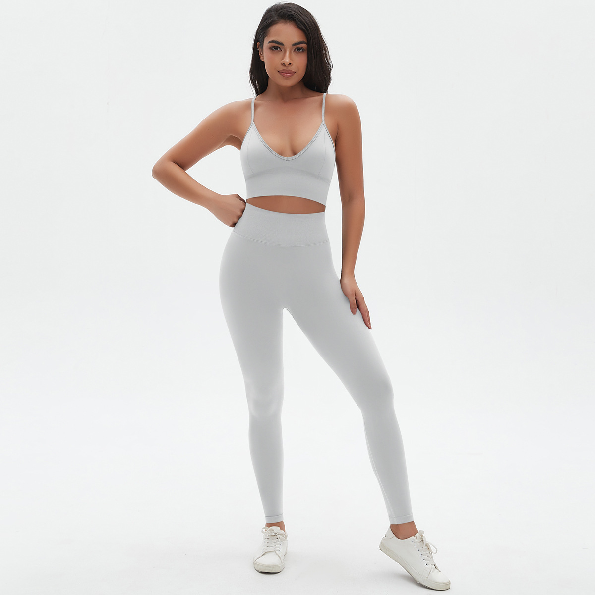 Nuevo transfronterizo sin costuras color sólido apertado sexy cabina de belleza trajes de yoga de dos piezas juego de ejercicio image 9